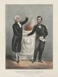 Washington e Lincoln. O pai e o salvador do nosso país, c.1865 (litografia a cores)