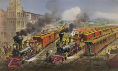 Cena da ferrovia americana: trens expressos relâmpagos saindo do entroncamento, 1874