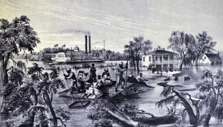 Currier & Ives Ilustração do século XIX. Água alta no Mississippi