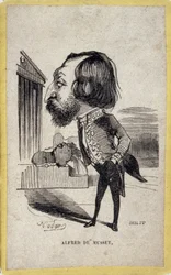 Portrait-charge de Alfred de Musset (1810-1857), poeta e dramaturgo francês. Desenho animado de Gaspard Felix Tournachon dit Felix Nadar (1820-1910).
