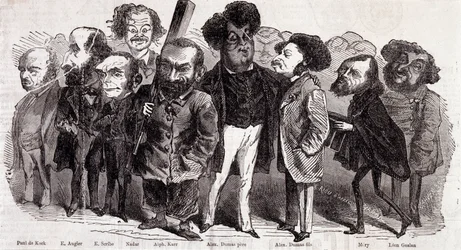 Retratos dos escritores Paul de Kock (1793-1871), Emile Augier (1820-1889), Eugene Scribe (1791-1861), Felix Nadar, Alphonse Karr (1808-1890), Alexandre Dumas pere (1802-1870) e Alexandre Dumas Jr. (1824-1895), Joseph Mery (1798-1866) e Leon Gozan (1803-1