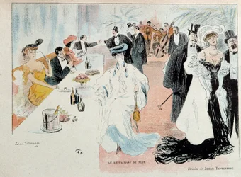 No restaurante noturno parisienses da burguesia em traje de gala no restaurante, garrafas de champanhe na mesa, uma orquestra toca no fundo do salão. Desenho de Jehan Testevuide