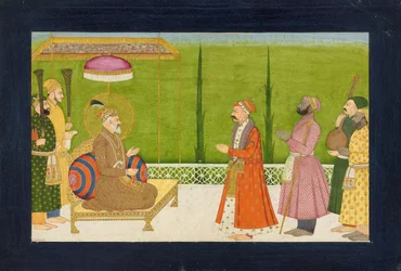O poeta Sundar Das diante do imperador Shah Jahan, fólio de um <em>Sundar Shringar</em>