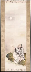 Cavalheiro Contemplando a Lua (tinta e cor sobre seda)