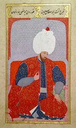 MS Hazine 1563 fol.47b Suleyman I (1495-1566) como Jovem de Semailname, 1579 (tinta e folha de ouro sobre papel)