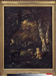 Cães na floresta Pintura de Narcissus Diaz de la Pena
