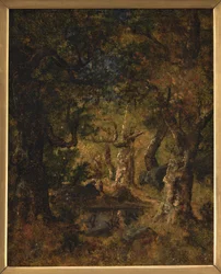 Interior de uma madeira com lago e figuras