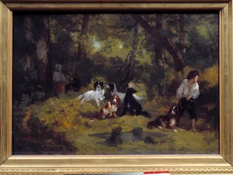 A Pintura Dog Valet de Narcisse Diaz de la Pena (1807-1876) (ec. de Barbizon) Sol do século XIX. 0,29x0,42 m Paris, Musee du Louvre