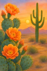 Pôr-do-sol no deserto e flores de cacto