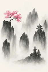 Paisagem montanhosa japonesa com uma árvore de sakura e um templo