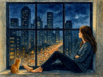 Mulher, Gato, Cidade, Janela