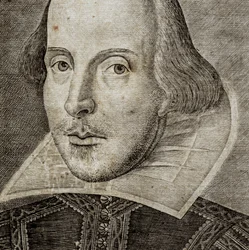 Pormenor do retrato de William Shakespeare no frontispício de Comedies, histories,  t...