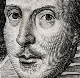 Pormenor do retrato de William Shakespeare no frontispício de Comedies, histories,  t...