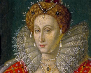 Pormenor da pintura a óleo em miniatura do retrato da Rainha Isabel I de Inglaterra e da Irlanda
