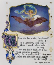 Página iluminada de um livro de sonetos de Shakespeare que representa uma cena de A Tempestade