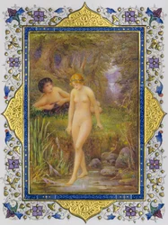 Página iluminada de um livro de sonetos de Shakespeare com uma mulher nua numa fantasia pastoral...