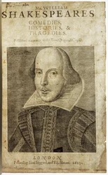 Retrato de William Shakespeare no frontispício de Comédias, histórias e tragédias em...