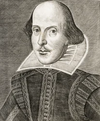 Retrato de William Shakespeare no frontispício de Comédias, histórias e tragédias em...