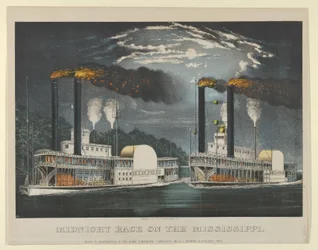 Corrida da meia-noite no Mississippi, 1875., 1875. Criadores: Nathaniel Currier, James Merritt Ives, Currier e Ives.