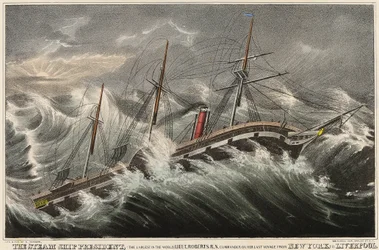 O navio a vapor President, o maior do mundo, comandado pelo tenente Roberts durante a sua última viagem de Nova Iorque (EUA) para Liverpool (Inglaterra), na tempestade de 12 de março