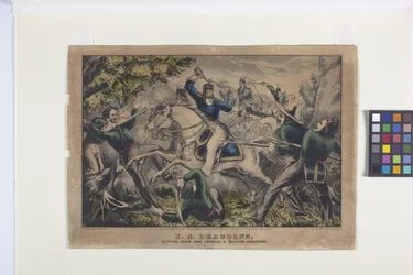U. S. Dragoons, Cutting Their Way Through A Mexican Ambuscae (litografia colorida à mão)