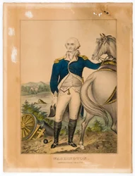 Washington (de pé junto ao seu cavalo)