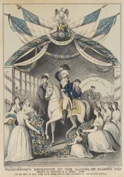 Recepção de Washington pelas senhoras ao passar pela ponte em Trenton, N.J., abril de 1789, o..., 1845.