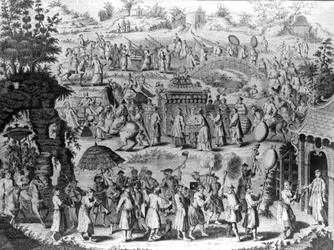 Procissão, de, um, noiva, ir casa, para, dela, marido, ilustração, de, &39;A, novo, geral, cobrança, de, voyages, e, Travels&39;, compilado, por, john, verde, 1747