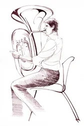 Jogador de tuba - desenho a tinta de um músico tocando