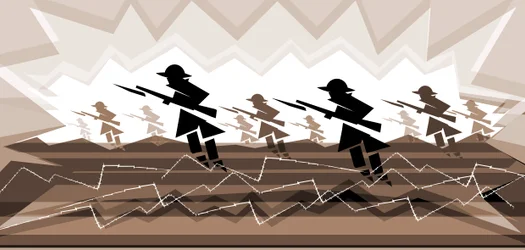 Soldados da Primeira Guerra Mundial com baionetas - emergindo das trincheiras