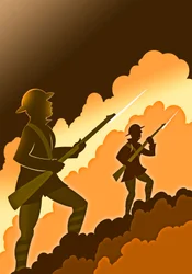 Soldados da Primeira Guerra Mundial com baionetas - emergindo das trincheiras