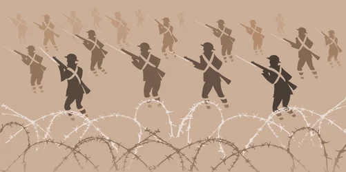 Soldados da Primeira Guerra Mundial com baionetas - emergindo das trincheiras