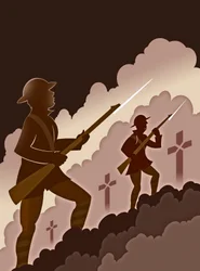 Soldados da Primeira Guerra Mundial com baionetas - emergindo das trincheiras