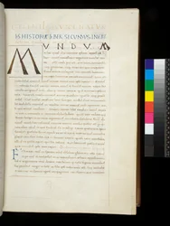 Sra. 394.1. Pliny the Elder, Historia naturalis, f.26r. Caneta inicial [M] acrescentada no espaço dedicado deixado em branco pelo decorador, Nápoles, meados do século XV, c.1442 (pergaminho)