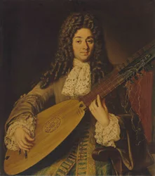 Retrato de um músico, provavelmente Petruccio, meio comprimento, tocando um