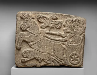 Orthostat relief:cena de caça ao leão, século IX a.C. (basalto pintado)