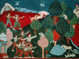 Um rei que passa os seus dias a matar gazelas pobres sem razão, mais tarde, noutra vida, é gazela e é morto por caçador, detalhe de Swayambhu Purana, importante texto sagrado budista no Nepal, gouache, Civilização Nepalesa
