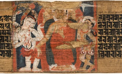 Folio 126b Budas Descida do Céu, da Astasahasrika Prajnaparamita (tintas e folhas de palmeira e madeira) (detalhe de 430762)