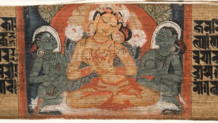 Folio 2r Deusa Prajnaparamita, do Astasahasrika Prajnaparamita (tinta e cores de folhas de palmeira e madeira) (detalhe de 430760)