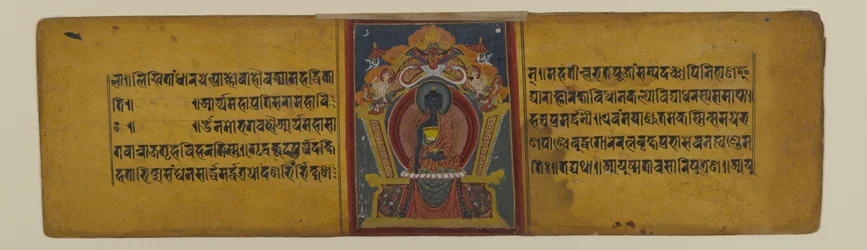 Página de um manuscrito budista com uma ilustração de Akshobhya, 16-17º século (tinta e aquarela sobre papel)