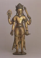 Estatueta do deus hindu Vishnu, c.1200 (bronze com alto teor de cobre, incisado, dourado, conjunto com pedras preciosas e pintado)