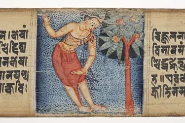 Sudhana em pé ao lado de uma árvore, do Gandavyuha (wc & tinta opaca na folha de palmeira)