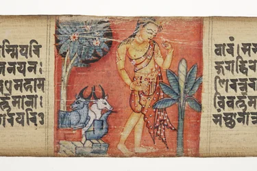 Sudhana viajando por uma paisagem rochosa com dois touros, do Gandavyuha (wc & tinta opaca na folha de palmeira)