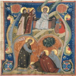 Iluminação de Manuscritos com Cenas da Páscoa em A inicial, de um Antifonário, Italiano, c. 132