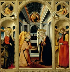 Anunciação mostrando Santa Apolónia, São Lucas e os profetas David e Isaías, de Neri di Bicci (1418-1492)