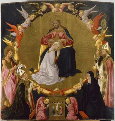 A coroação de Maria com anjos e quatro santos. Por volta de 1470
