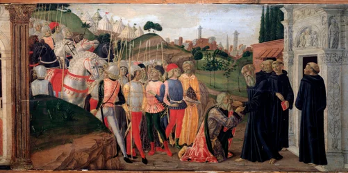 Totila, rei dos ostrogodos em visita a Bento de Nursia - Detalhe de Predelle, c. 1470