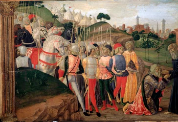 Totila, rei dos ostrogodos em visita a Bento de Nursia - Detalhe de Predelle, c. 1470