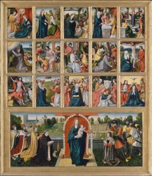 Os Quinze Mistérios e a Virgem do Rosário.