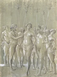 Cinco soldados nus segurando varas, dois usando capacete e três mulheres nuas, 1522
